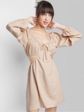Linen Peasant Mini Dress Size Medium Boho Cutout Dress Beige Long Sleeve